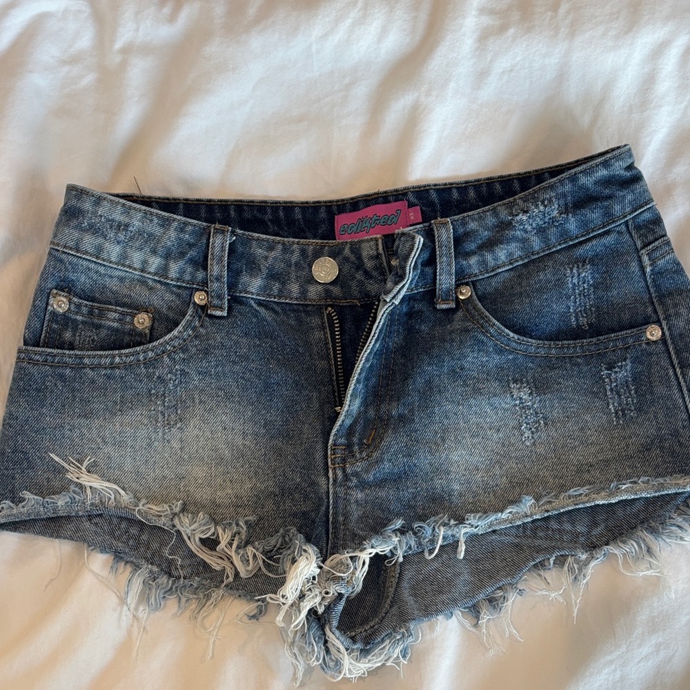 Edikted Dark Blue Frayed Denim Shorts